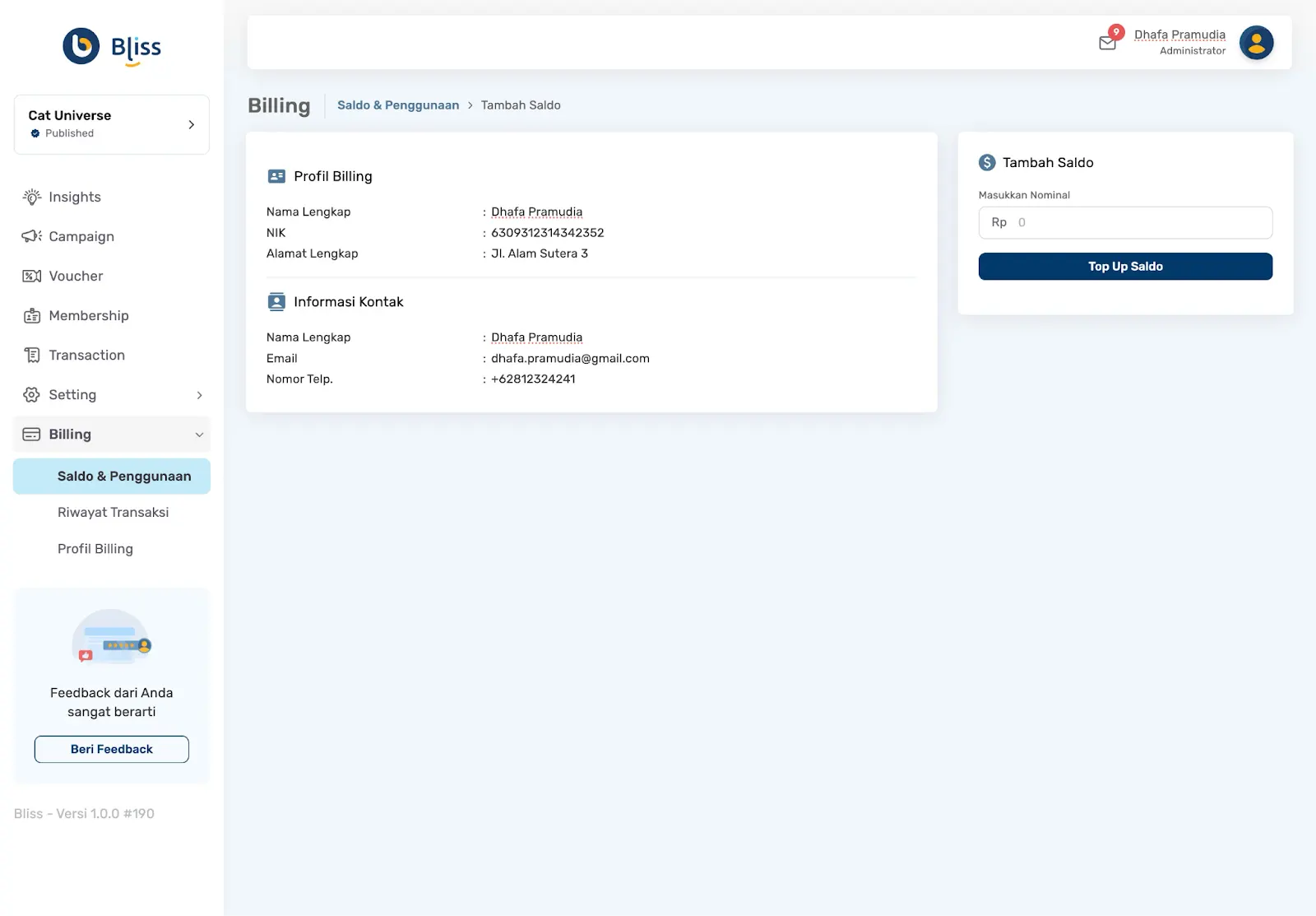fitur billing and credit